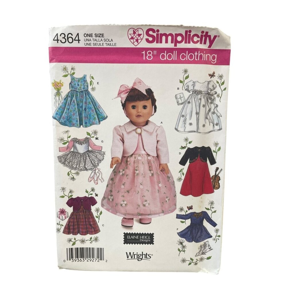 Simplicity 4364 18" Doll Clothing One Size Elaine Heigl‎ Designs
